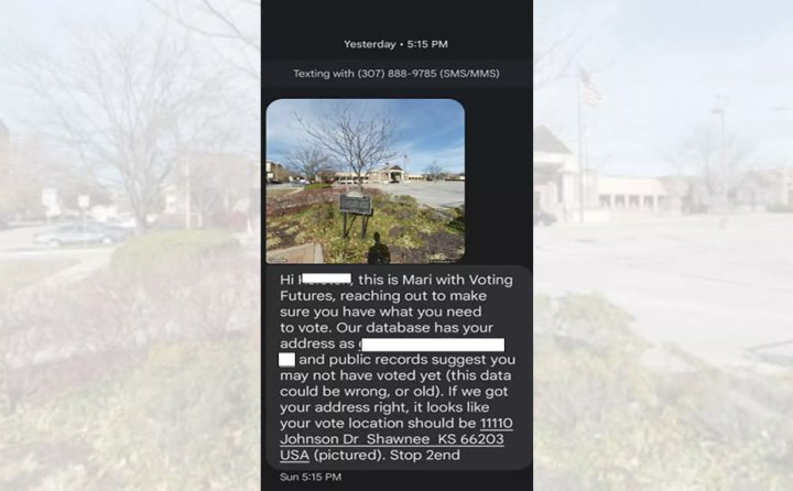 A text message containing incorrect information sent to a voter in Overland Park, KS.