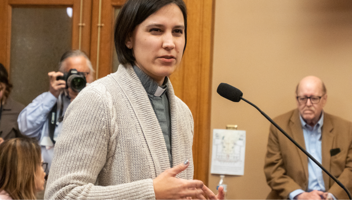 Caroline Dean spoke against a proposed women’s bill of rights during a Feb. 15, 2023 hearing, saying the legislation doesn’t actually benefit women. (Sherman Smith/Kansas Reflector)