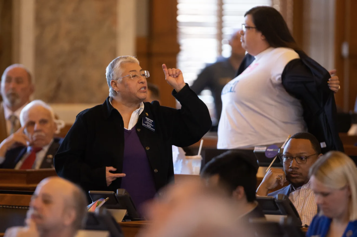 Rep. Susan Ruiz, D-Shawnee, joins, Rep. Heather Meyer, D-Overland Park, in calling out GOP legislative members following Wednesday's vote to override Gov. Laura Kelly's veto on a bill banning transgender athletes in the state. Evert Nelson/The Capital-Jou