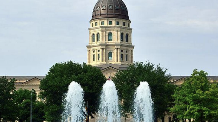 Kansas State Capitol Building with Fountains on a Sunny Day
