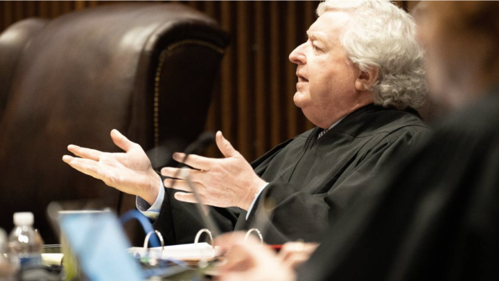 Kansas Supreme Court Justice Dan Biles questions Kansas Solicitor General Anthony Powell presented during oral arguments on abortion earlier this year. (Pool Photo by Evert Nelson/The Capital-Journal)  Read more at: https://www.kansas.com/news/politics-go