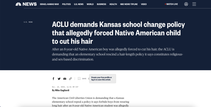 Screenshot of article, headline reads, "ACLU demands Kansas sohool change policy that allegedly forced Native Amerioan child to cut his hair"