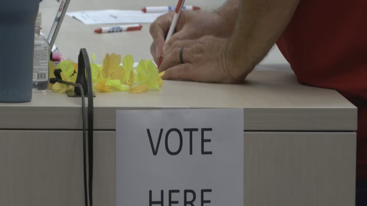 Person voting with a ballot, sign reads "Vote Here"