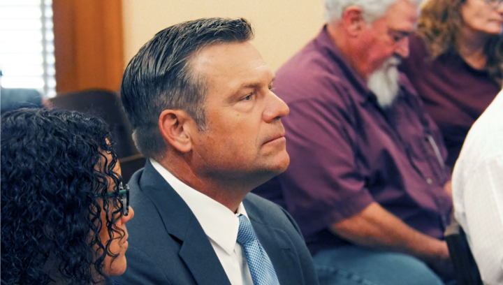 Kansas Attorney General Kris Kobach, seen during a September legislative hearing, argued in court this week for a temporary injunction for driver's license gender marker changes. (Tim Carpenter/Kansas Reflector)