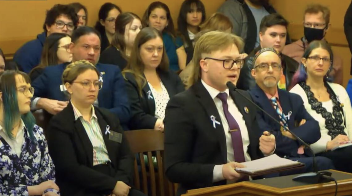 D.C. Hiegert, a transgender individual and ACLU lawyer, speaks against a bill to outlaw gender-affirming care for minors. Kansas Legislature