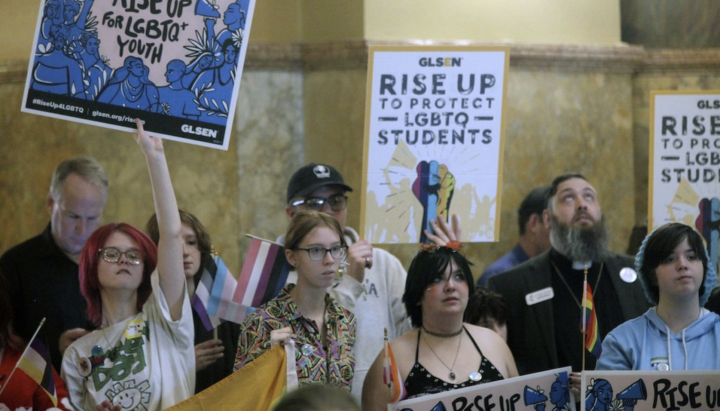 Transgender rights advocates rally at the Kansas capitol, Wednesday, Jan. 31, 2024. In 2023, the state enacted a measure that says there are two sexes, male and female, based on a person’s “biological reproductive system" at birth. (AP)