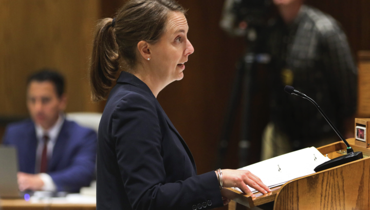 Sharon Brett, who for the past four years was the legal director for the ACLU of Kansas, argues in front of the Kansas Supreme Court in 2022. (Thad Allton for Kansas Reflector)