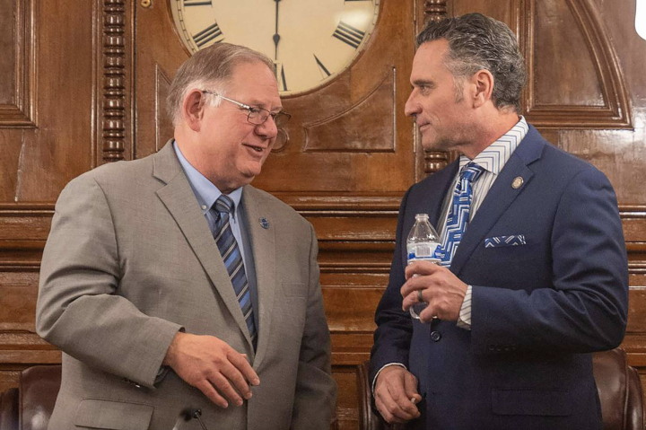 Kansas House Speaker Daniel Hawkins, left, and Senate President Ty Masterson speak before the State of the State address at the Kansas State Capital on Wednesday, Jan. 10, 2024, in Topeka, Kansas. Emily Curiel / the Kansas City Star / Tribune News Service