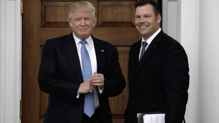 President Donald Trump, left, and Kris Kobach, the Kansas secretary of state, on Nov. 20, 2016, at the clubhouse of Trump International Golf Club, in Bedminster Township, N.J. SIPA USA TNS