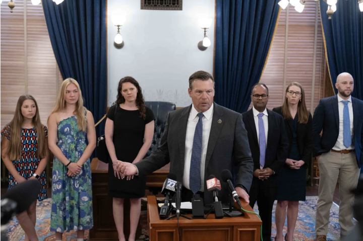 Kansas Attorney General Kris Kobach outlined a lawsuit against the Biden administration regarding changes to Title IX during a Tuesday news conference at the Kansas Statehouse. Evert Nelson/The Capital-Journal