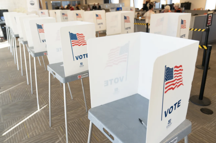 Voting booths are set up at the Shawnee County Elections Office for advance voting. Evert Nelson/The Capital-Journal