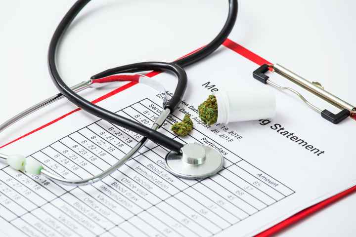 Stethoscope and medical marijuana on clipboard