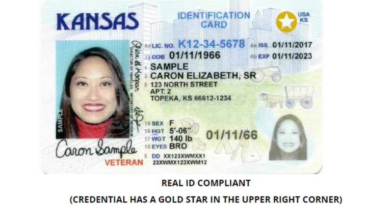 image of Kansas drivers license  REAL ID has gold star in the upper right
