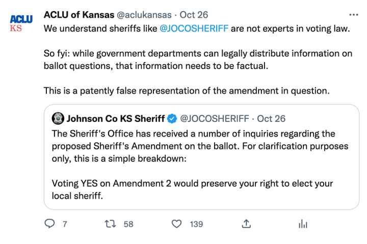 We understand sheriffs like @JOCOSHERIFF are not experts in voting law.  So fyi: while government departments can legally distribute information on ballot questions, that information needs to be factual.  This is a patently false representation of the ame