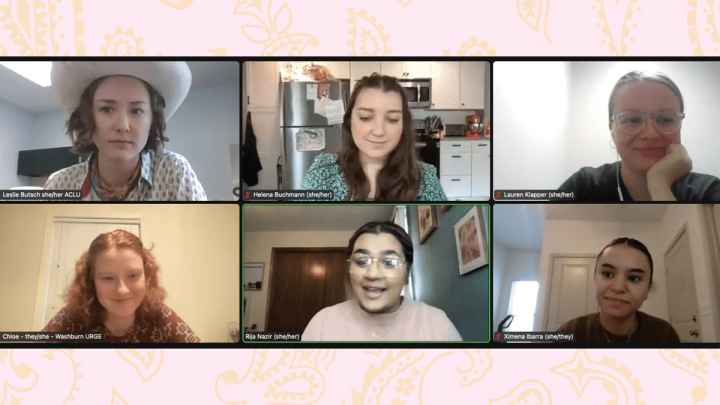 Clockwise from top left are Leslie Butsch, Helena Buchmann, Lauren Klapper, Ximena Ibarra, Rija Nazir and Chloe Chaffin. (Zoom screenshot; background image: Vote Neigh Facebook event page)