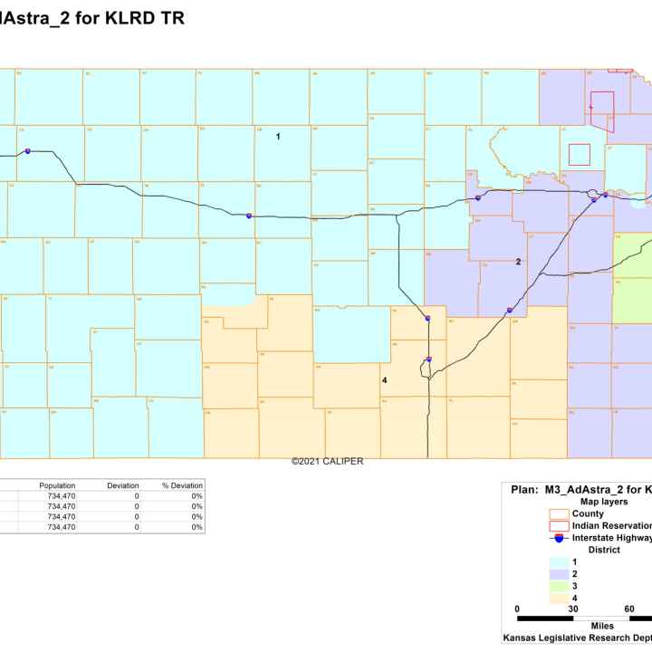 A map produced by Republicans in the House and Senate would place Lawrence in the 1st District, which stretches to the Colorado border, and split Wyandotte County between 2nd and 3rd districts. (Submitted)