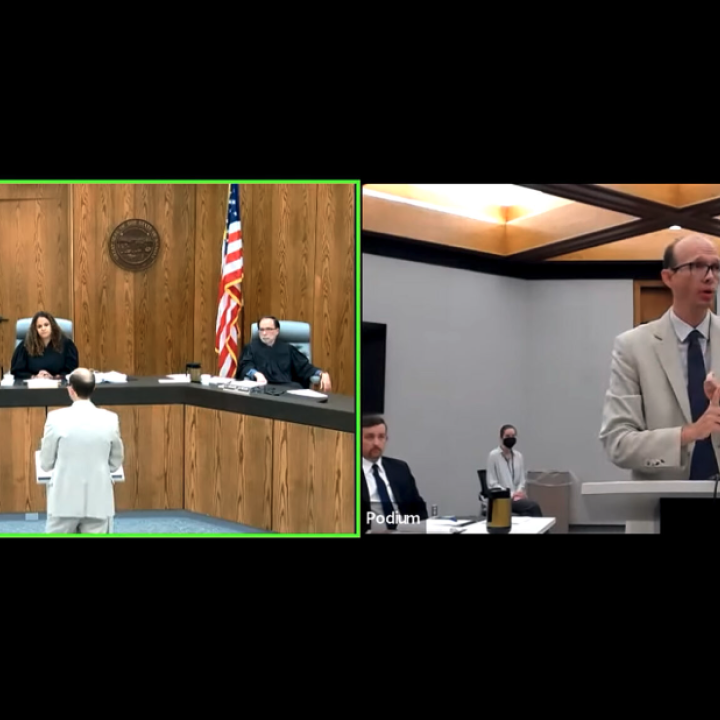 Kasper Schirer appears before a Kansas Court of Appeals panel to argue against a state law that allows his client’s probation to be extended indefinitely. (Kansas Reflector screen capture from court video)