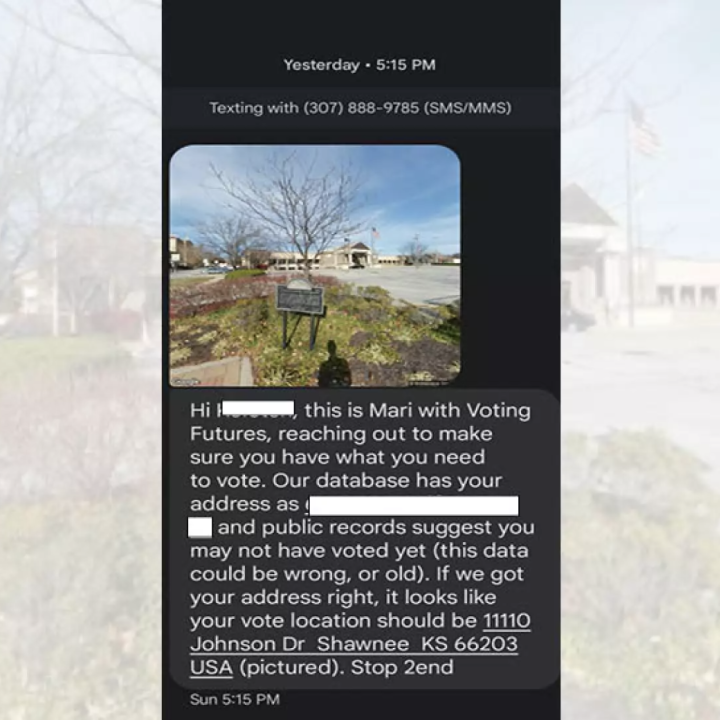 A text message containing incorrect information sent to a voter in Overland Park, KS.