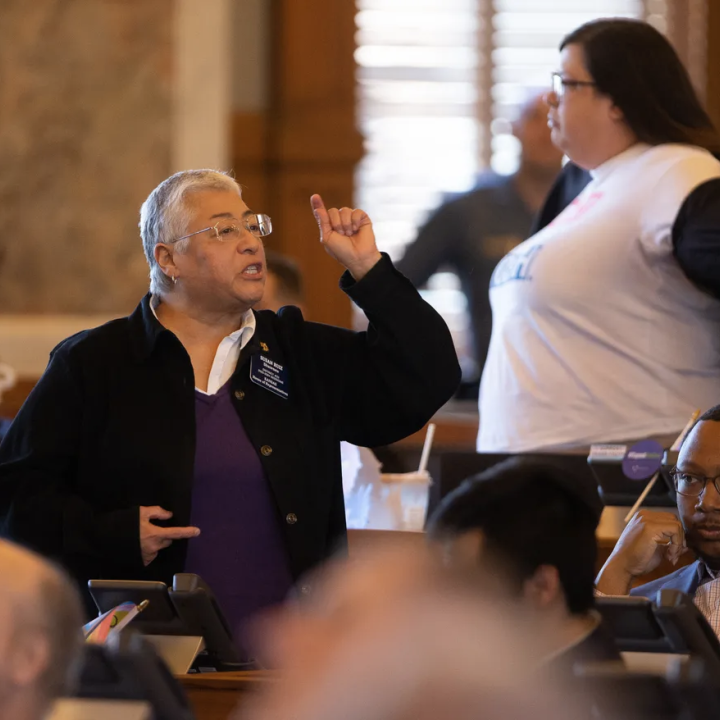 Rep. Susan Ruiz, D-Shawnee, joins, Rep. Heather Meyer, D-Overland Park, in calling out GOP legislative members following Wednesday's vote to override Gov. Laura Kelly's veto on a bill banning transgender athletes in the state. Evert Nelson/The Capital-Jou
