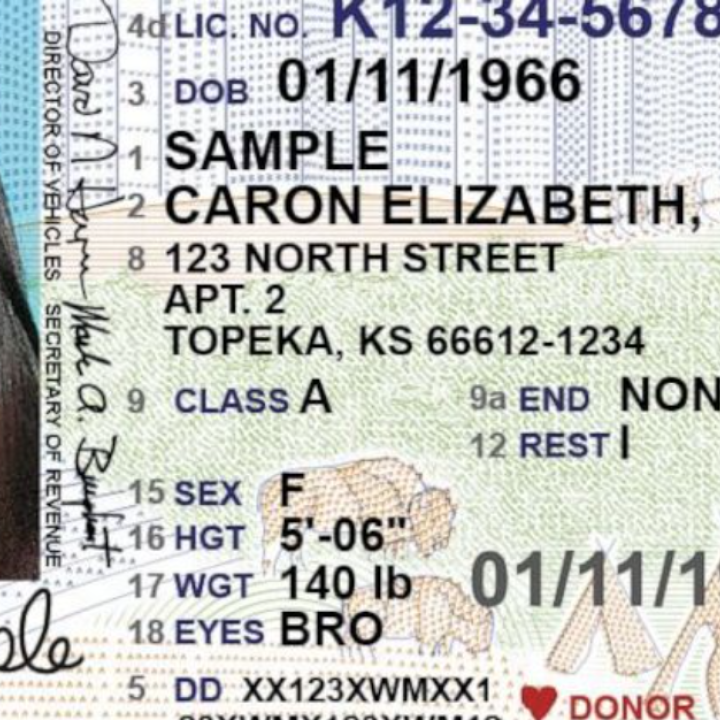 This image from the Kansas Department of Revenue shows a sample driver's license issued by the state's Division of Vehicles, first produced in June 2021. A new Kansas law will prevent transgender people from changing the l...Show more The Associated Press
