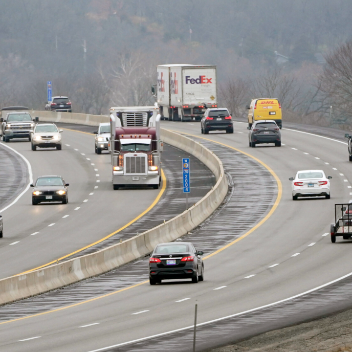 Vehicles travel in advance of Thanksgiving along I-70 near Lawrence, Kan., Wednesday, Nov. 25, 2020. Orlin Wagner/AP Photo