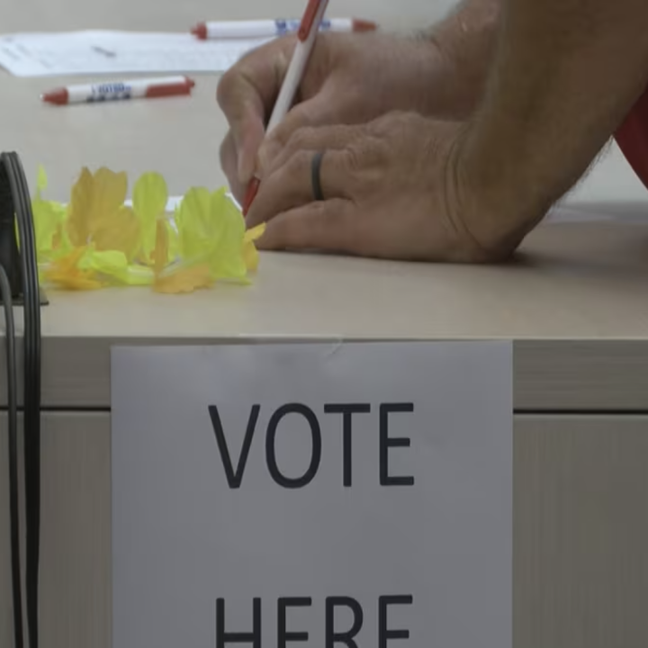 Person voting with a ballot, sign reads "Vote Here"