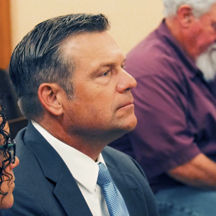 Kansas Attorney General Kris Kobach, seen during a September legislative hearing, argued in court this week for a temporary injunction for driver's license gender marker changes. (Tim Carpenter/Kansas Reflector)