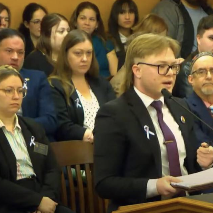 D.C. Hiegert, a transgender individual and ACLU lawyer, speaks against a bill to outlaw gender-affirming care for minors. Kansas Legislature