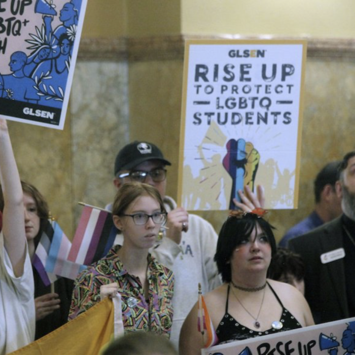 Transgender rights advocates rally at the Kansas capitol, Wednesday, Jan. 31, 2024. In 2023, the state enacted a measure that says there are two sexes, male and female, based on a person’s “biological reproductive system" at birth. (AP)