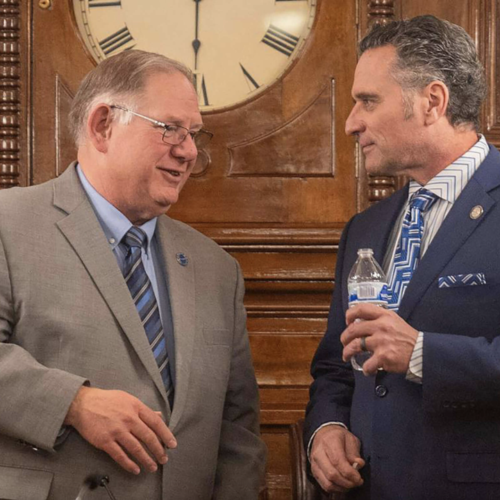 Kansas House Speaker Daniel Hawkins, left, and Senate President Ty Masterson speak before the State of the State address at the Kansas State Capital on Wednesday, Jan. 10, 2024, in Topeka, Kansas. Emily Curiel / the Kansas City Star / Tribune News Service