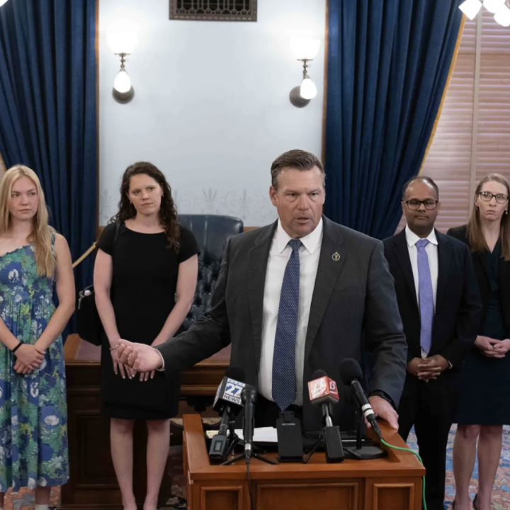 Kansas Attorney General Kris Kobach outlined a lawsuit against the Biden administration regarding changes to Title IX during a Tuesday news conference at the Kansas Statehouse. Evert Nelson/The Capital-Journal