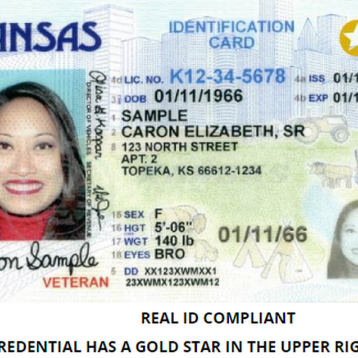 image of Kansas drivers license REAL ID has gold star in the upper right