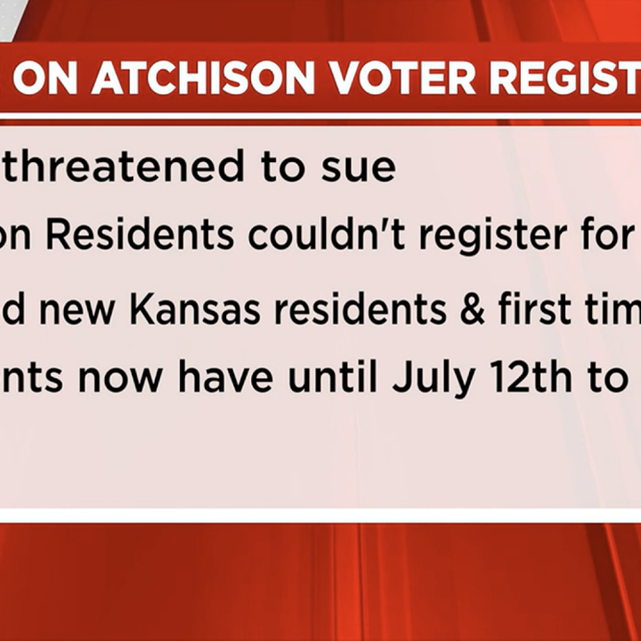 TV Graphic that reads "Update on Atchinson Voter Registration: —ACLU threatened to sue —Atchinson residents couldn't register for primary —Affected new Kansas residents & first time voters —Residents now have until July 12 to register