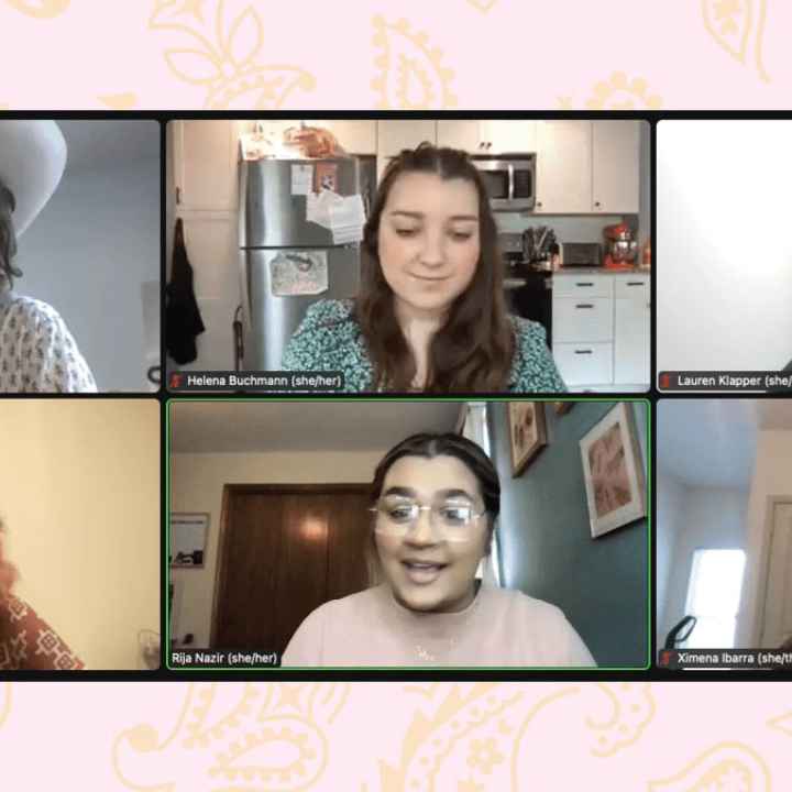 Clockwise from top left are Leslie Butsch, Helena Buchmann, Lauren Klapper, Ximena Ibarra, Rija Nazir and Chloe Chaffin. (Zoom screenshot; background image: Vote Neigh Facebook event page)